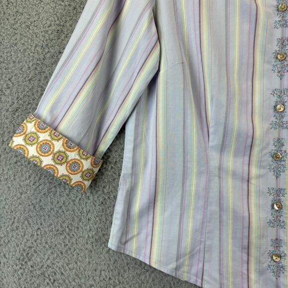 Robert Graham Flip Cuff Shirt Womens Small Blue Embroidered Floral Striped Top - Picture 3 of 11